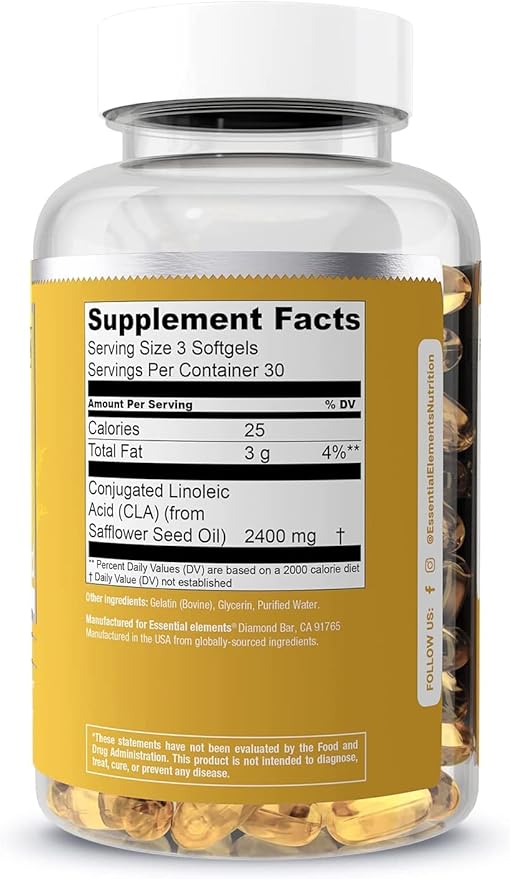 CLA from Safflower Oil - 2400 mg Conjugated Linoleic Acid | Essential Elements - 90 Softgels