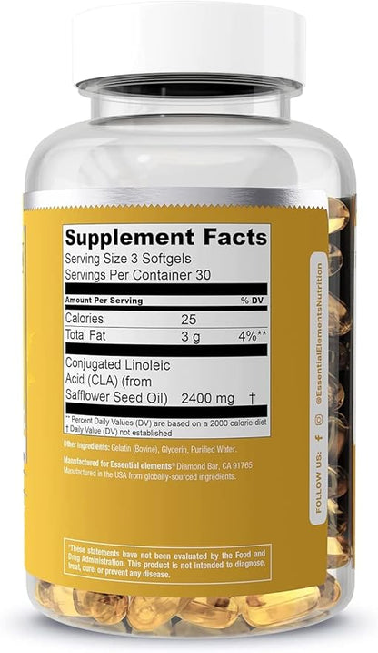 CLA from Safflower Oil - 2400 mg Conjugated Linoleic Acid | Essential Elements - 90 Softgels