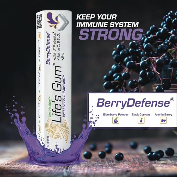 Life's Gum by Liquid Core - Wellness & Immunity Gum with Elderberry & Probitoics - Contains Vitamin C, B6, D3, & Zinc - Sugar-Free, Aspartame-Free - BerryDefense Flavor (5-Pack)