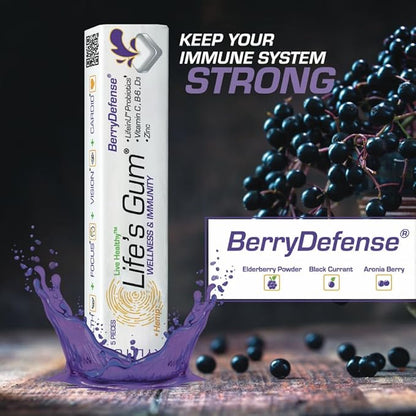 Life's Gum by Liquid Core - Wellness & Immunity Gum with Elderberry & Probitoics - Contains Vitamin C, B6, D3, & Zinc - Sugar-Free, Aspartame-Free - BerryDefense Flavor (5-Pack)