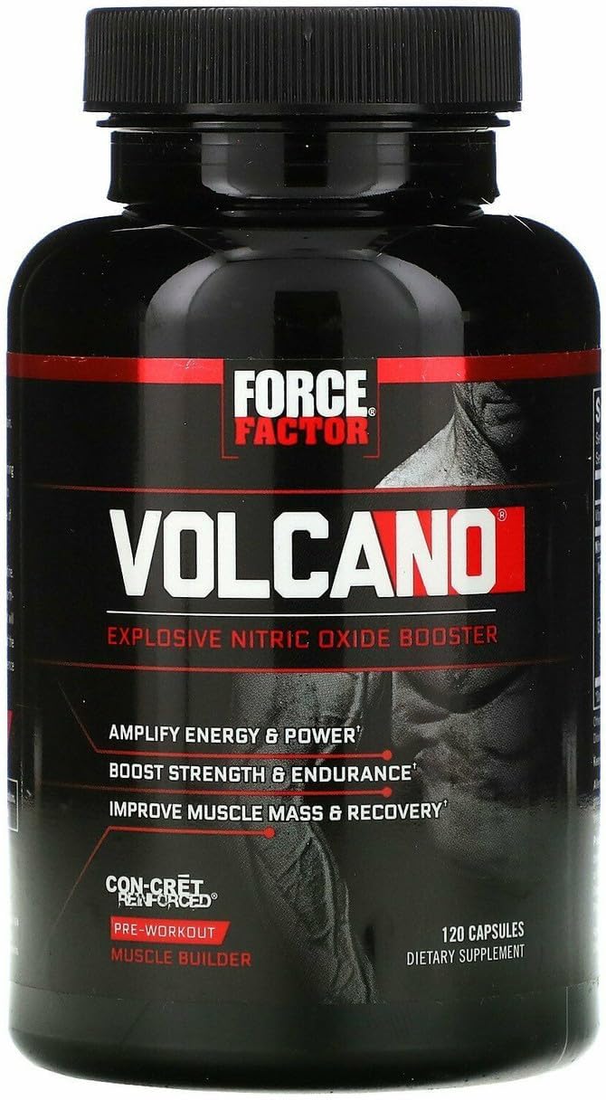 Force Factor Volcano Pre Workout Nitric Oxide Booster Supplement for Men with Creatine and L-Citrulline to Boost and Energy, Help Build Muscle, Better Pump and Workout, 120 Capsules