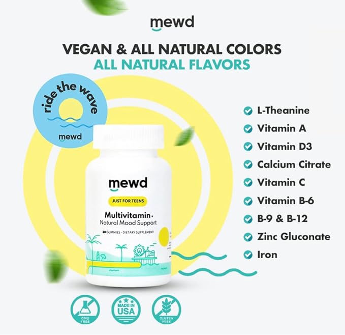 MEWD Teen/Kids Daily Multivitamin Gummy with Natural Mood Enhancer,Vegan,Immune System Booster Supplement,Kids Vitamin with Iron,Zinc,Gluten Free-Focus Vitamin for Kids-Brain Health-Made in USA