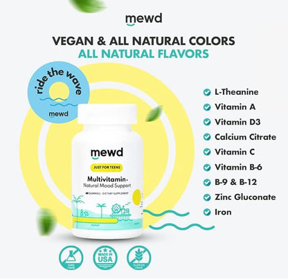 MEWD Teen/Kids Daily Multivitamin Gummy with Natural Mood Enhancer,Vegan,Immune System Booster Supplement,Kids Vitamin with Iron,Zinc,Gluten Free-Focus Vitamin for Kids-Brain Health-Made in USA