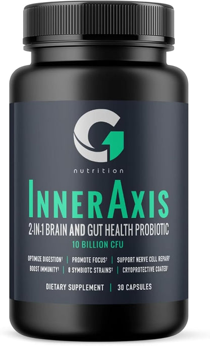 InnerAxis 2-in-1 Brain and Gut Health Probiotic, 10 Billion CFU, 8 Probiotic Strains for Gut, Psychobiotic, Mood and Brain Support, Acidophilus Probiotic for Women and Men, 30 Servings