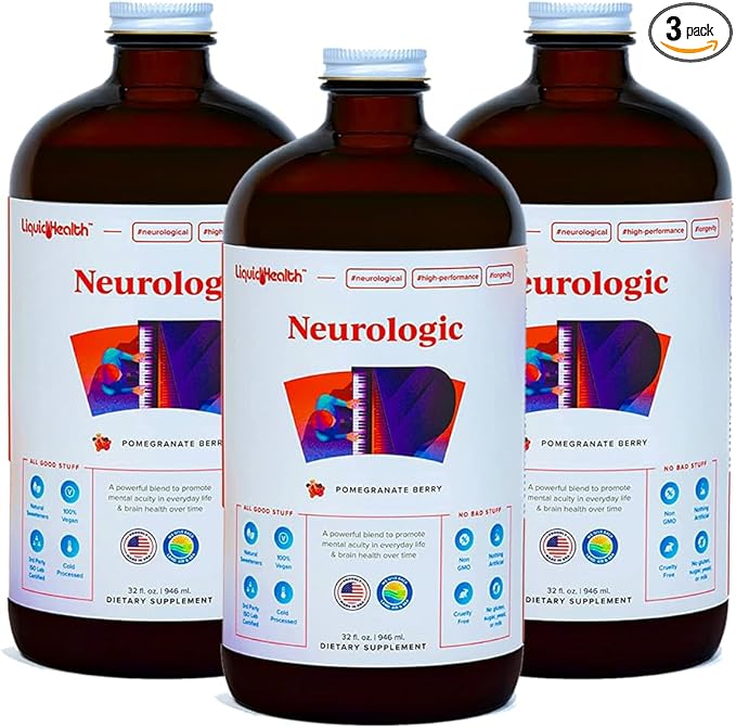 LIQUIDHEALTH 32 Oz Liquid Neurologic Focus Supplement, Nootropic for Cognitive Function, Brain Supplement for Memory & Focus, Brain Booster, Ginkgo Biloba, Choline, L-Theanine (3 Pack)