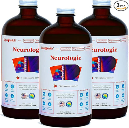 LIQUIDHEALTH 32 Oz Liquid Neurologic Focus Supplement, Nootropic for Cognitive Function, Brain Supplement for Memory & Focus, Brain Booster, Ginkgo Biloba, Choline, L-Theanine (3 Pack)
