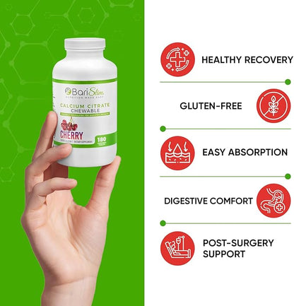 BariSlim Bariatric Calcium Citrate with Magnesium & Vitamin D Tabs - 500mg Calcium Citrate - Formulated for Post Weight Loss Surgery - Supports Bone Health | Cherry
