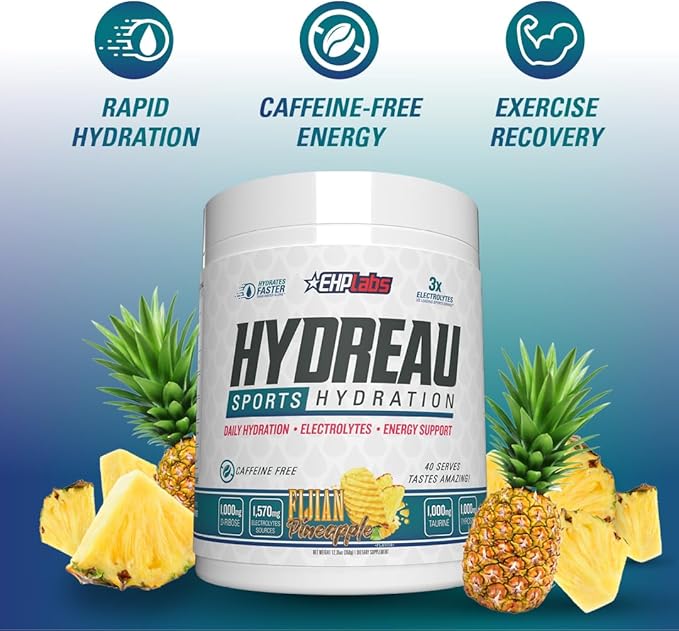 EHP Labs Hydreau Electrolytes Powder No Sugar - Hydration Powder for Endurance & Energy - Electrolyte Powder for Men & Women - Sugar Free Electrolytes - Fijian Pineapple (40 Serves)