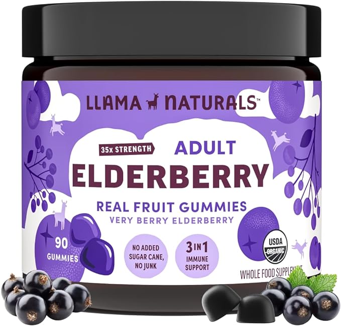 Llama Naturals Real Fruit Sambucus Elderberry Gummies for Adults | No Added Sugar Cane, Vegan, Organic Immune Support | Zinc & Natural Vitamin C | Immunity for Women, Men | 90 Gummies (30 Day)