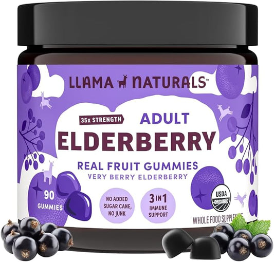 Llama Naturals Real Fruit Sambucus Elderberry Gummies for Adults | No Added Sugar Cane, Vegan, Organic Immune Support | Zinc & Natural Vitamin C | Immunity for Women, Men | 90 Gummies (30 Day)