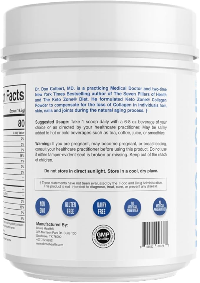 Divine Health Dr. Colbert MD Hydrolyzed Collagen Powder | Unflavored | Chicken & Marine Collagen Peptides | Hair, Skin and Nails Support