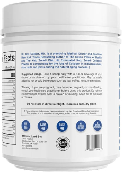 Divine Health Dr. Colbert MD Hydrolyzed Collagen Powder | Unflavored | Chicken & Marine Collagen Peptides | Hair, Skin and Nails Support