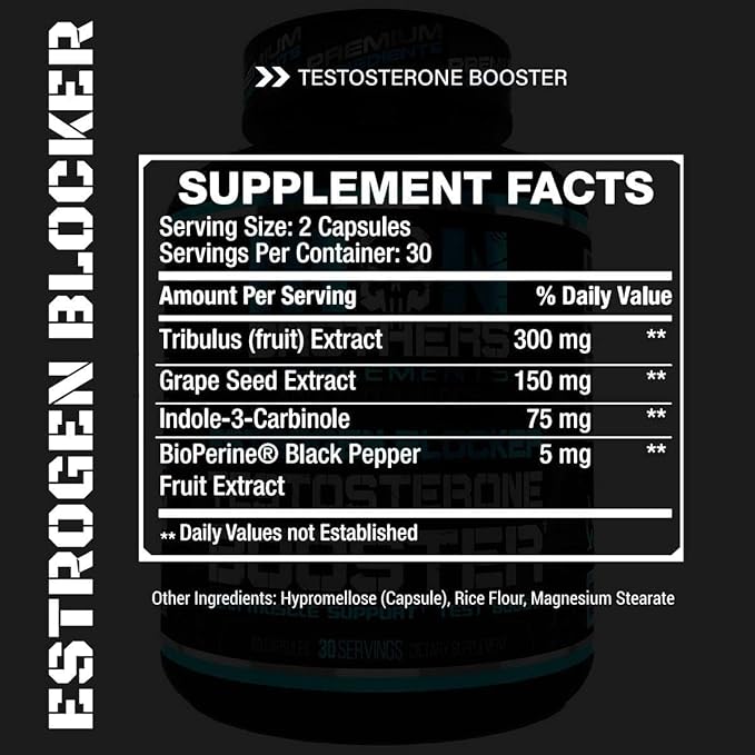 Testosterone Booster for Men with Estrogen Blocker - Natural Anti-Estrogen Supplement to Increase Libido & Strength - Boost Muscle Growth & Weight Loss - Indole 3 Carbinol & Tribulus -60 Capsules