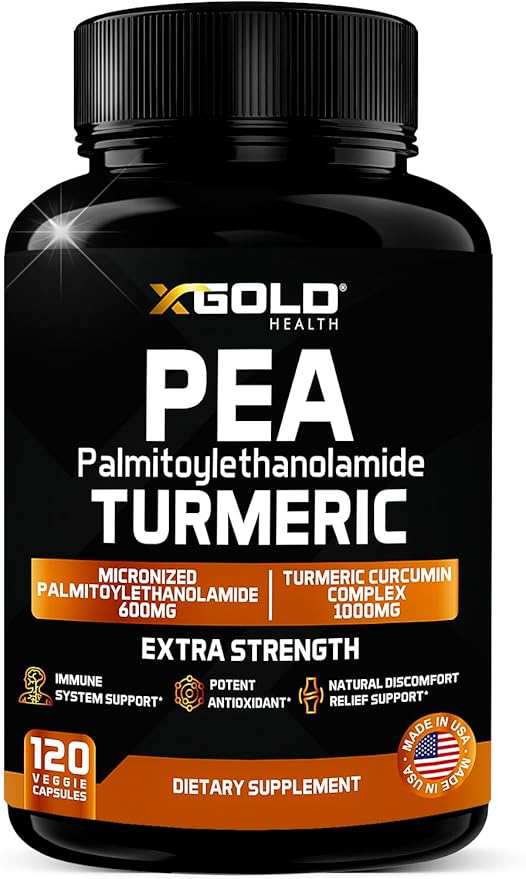 Palmitoylethanolamide 600mg + Turmeric Curcumin Complex 1000mg: Micronized Pea 99% Highly Purified and Bioavailable - Made in USA - Supplement for Men and Women - 120 Veggie Capsules