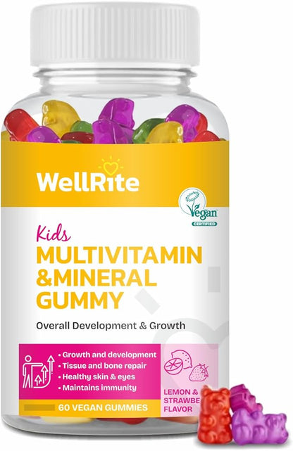 Kids Multivitamin & Mineral Gummy Vitamins which Provide Overall Development & Growth, 60 Count, Lemon & Strawberry Flavored, Vegan, Gelatin Free, Gluten Free, Nut Free