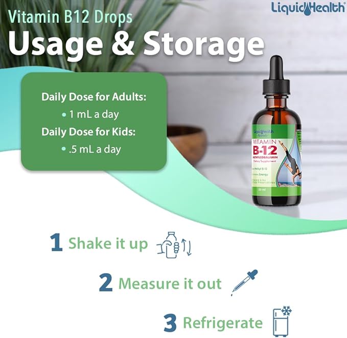 LIQUIDHEALTH Vitamin B12 Methylcobalamin Liquid Drops with Sublingual Hydroxocobalamin - Boost Energy, Support Immune System, Improve Memory & Concentration - Vegan, Sugar Free, Non-GMO (3pack)