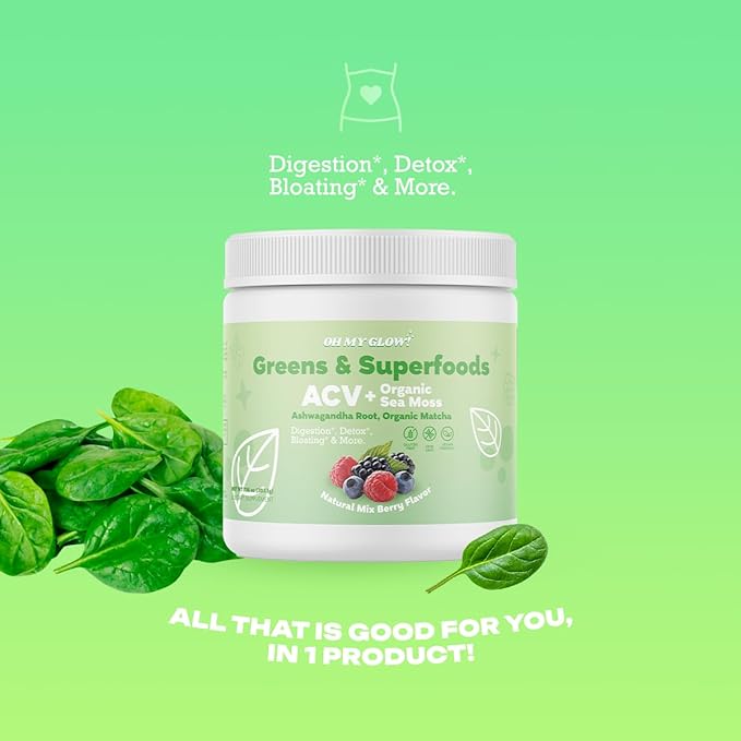 Super Greens Powder - ACV, Organic Sea Moss, Ashwagandha Root, Organic Matcha - Digestion*, Detox*, Bloating*, & More, Berry