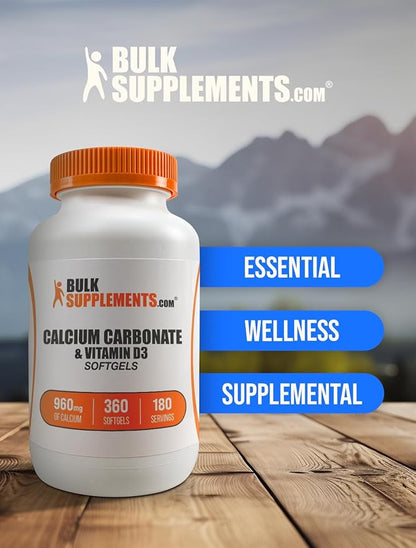 BulkSupplements.com Calcium Carbonate & Vitamin D3 Softgels - Calcium and Vitamin D3, Calcium & D3 Supplement for Immune Support - Gluten Free, 2 Softgels per Serving, 360 Count (Pack of 1)