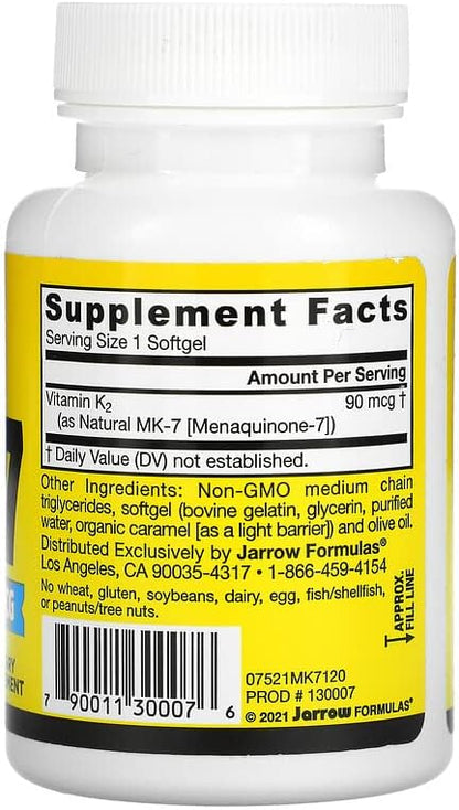 Jarrow Formulas MK-7 90 mcg - 120 Softgels, Pack of 2 - Superior Vitamin K Product for Building Strong Bones - Supports Heart & Cardiovascular Health - 240 Total Servings