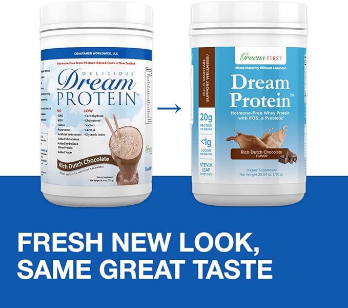 Greens First Dream Whey Protein Powder, Rich Dutch Chocolate, 30 Servings – 20 g Protein – Low Carb Powder – Hormone-Free, Non-GMO, No Artificial Sweeteners/MSG/Aspartame, 28.04 oz