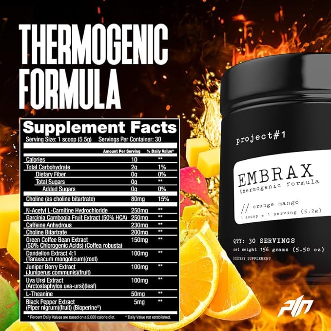 Project #1 Embrax: Thermogenic Preworkout Fat Burner Powder - Best Belly Fat Burner for Women & Men, L-Carnitine Supplement for Weight Loss, and Workout Performance | [30 Servings] - Orange Mango