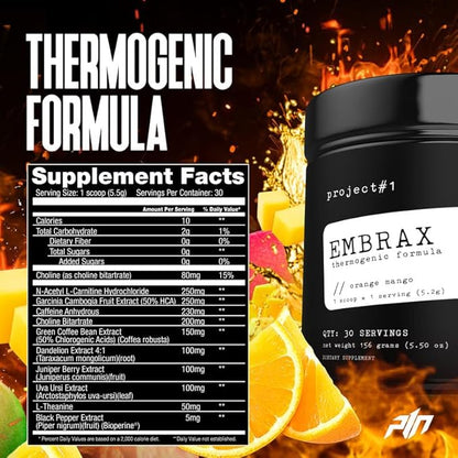 Project #1 Embrax: Thermogenic Preworkout Fat Burner Powder - Best Belly Fat Burner for Women & Men, L-Carnitine Supplement for Weight Loss, and Workout Performance | [30 Servings] - Orange Mango