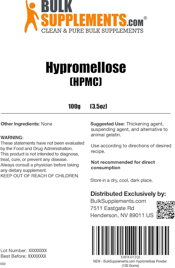 BulkSupplements.com Hypromellose Powder - Hydroxylpropyl Methylcellullose, HPMC Powder - Excipient & Thickening Agent- Vegan Alternative, 100g (3.5 oz) (Pack of 1)