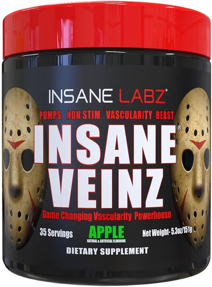 Insane Labz Insane Veinz Non Stimulant NO Enhancing Powder, Nitric Oxide Booster, Loaded with Agmatine Sulfate and Betaine Anhydrous, Increase Vascularity, 35 Srvgs, Apple