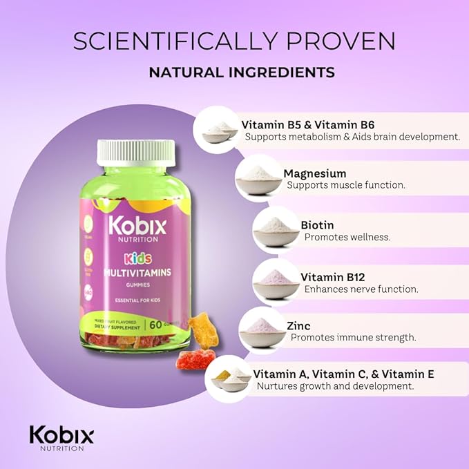 Kobix kids multivitamins gummies | vitaminas para niños | Kosher Non GMO - Vegan - Gluten free | 60 Gummies essential for kids