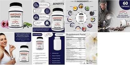 Immediate Defense Immune Support - Zinc, Black Elderberry, Echinacea, Vitamin A & C with B12, | Powerful Immunity Booster for Adults | Immune System Booster Supplement 60 Capsules