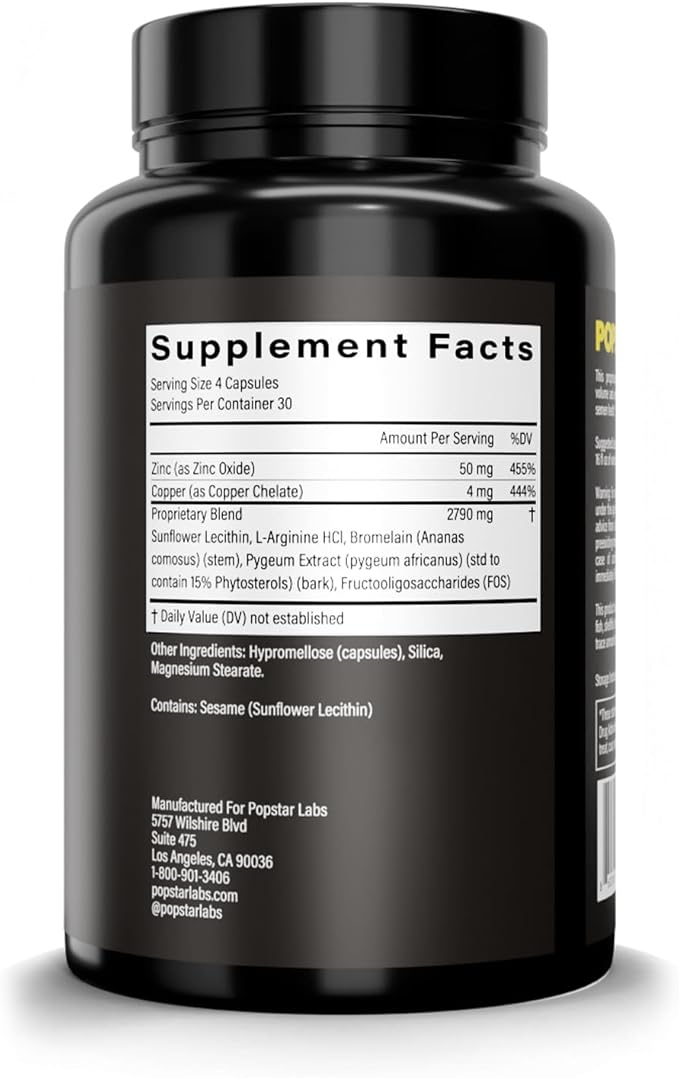 POPSTAR Labs Semen Volume Booster - Men's Semen Health & Fertility Supplement - Doctor Formulated to Increase Load Volume - Made in USA - Non-GMO, Organic, Vegan - 360 Capsules - (3 Month Supply)