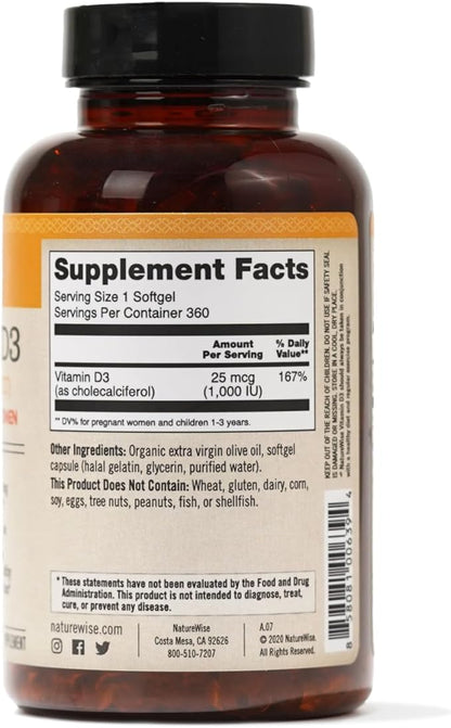 NatureWise Vitamin D3 1000iu (25 mcg) Healthy Muscle Function, and Immune Support, Non-GMO, Gluten Free in Cold-Pressed Olive Oil, Packaging Vary ( Mini Softgel), 360 Count