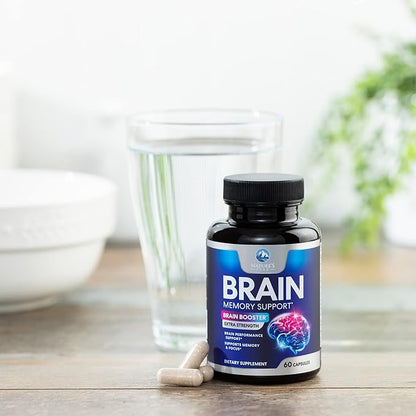 Brain Supplement Memory Pills - Nootropics Support for Concentration, Clarity, Energy & Focus - Brain Health with Bacopa, Cognitive Vitamins, Phosphatidylserine, DMAE - Brain Booster - 60 Capsules