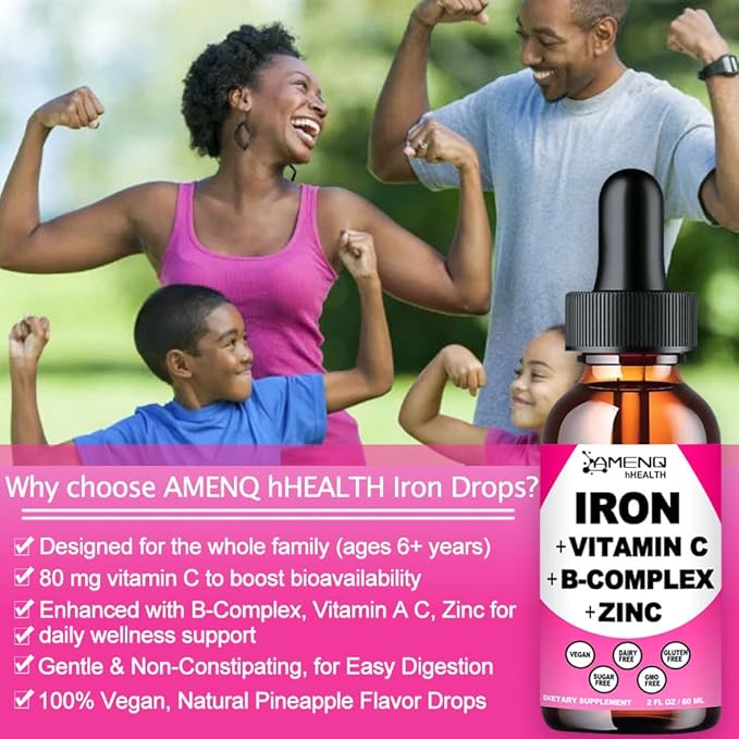 Iron Supplement for Women Men & Kids, Iron Vitamin C, A, B-Complex, Vegan Iron Drops High Potency Liquid Vitamin & Iron Supplements for Anemia, Red Blood Cell, Energy, Blood Builder, Gentle Iron