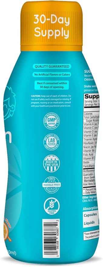 Sugar Free Liquid Multivitamin for Kids - High Absorption Kids Liquid Multivitamin with Vitamins A C D E & B Complex plus Quercetin Immune Support Complex - 3rd Party Tested - Orange Flavor (1 Month)