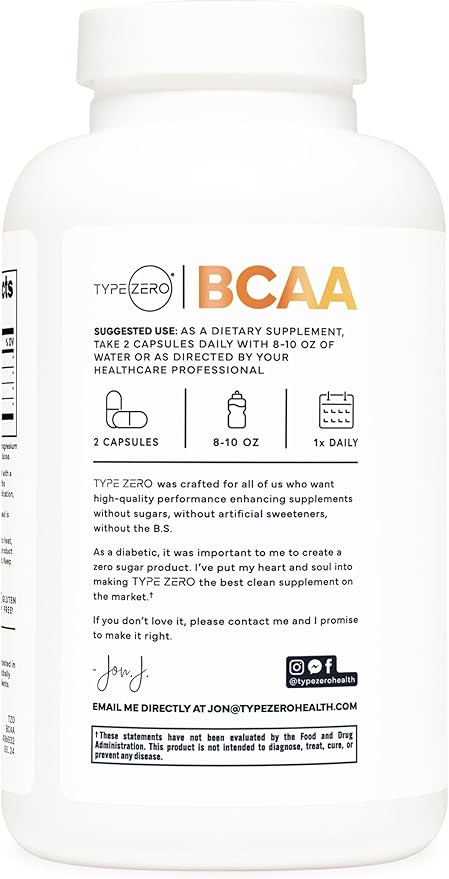 Type Zero BCAA 1000mg (180 Capsules, 90 Servings), Branched Chain Amino Acids (500mg of L-Leucine, 1000mg of L-Isoleucine and L-Valine)