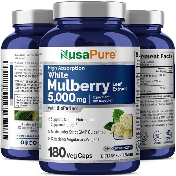NusaPure White Mulberry Leaf Extract 5,000mg 180 Veggie Caps (Vegetarian, Bioperine)