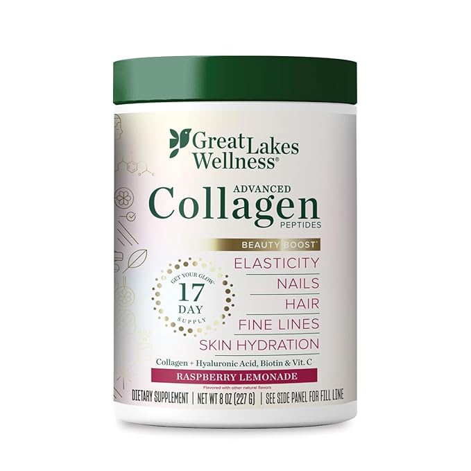 Great Lakes Wellness Beauty Boost Advanced Collagen Peptides - Hyaluronic Acid, Biotin, Vitamin C - Skin Elasticity & Hydration - Raspberry Lemonade - Non-GMO, Kosher, Keto - 8 oz - Packaging May Vary