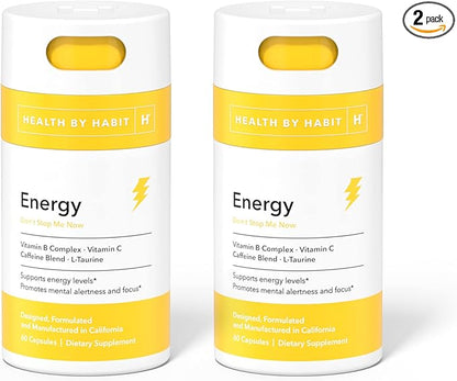 Health by Habit Energy Supplement 2 Pack (120 Capsules) - Natual Caffeine Blend, Vitamins B & C, Supports Energy Levels, Promotes Mental Alertness and Focus, Vegan, Non-GMO, Sugar Free (2 Pack)