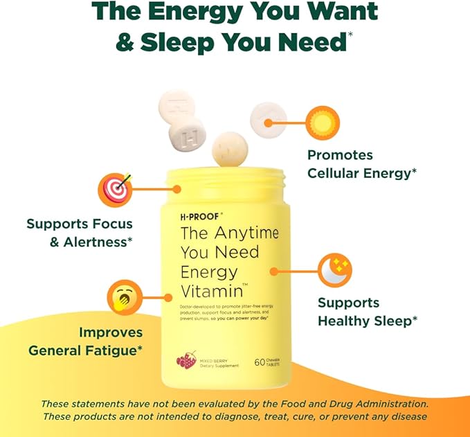 The Anytime You Need Energy Vitamin for Sustained Energy, Focus & Alertness with Jitter-Free Caffeine, 60 Chewable Energy Supplements (30 Servings), Mixed Berry