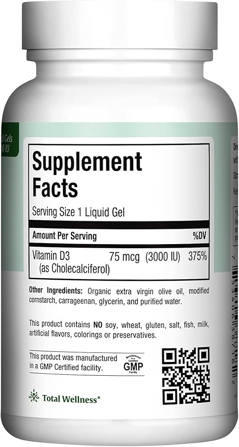 Maxi Health Kosher Vitamin D3 3000 IU - Pure Vitamin D 3000 IU for Healthy Bones, Teeth, Immune Support - High Absorption Vit D3 (180 Liquid Gels)