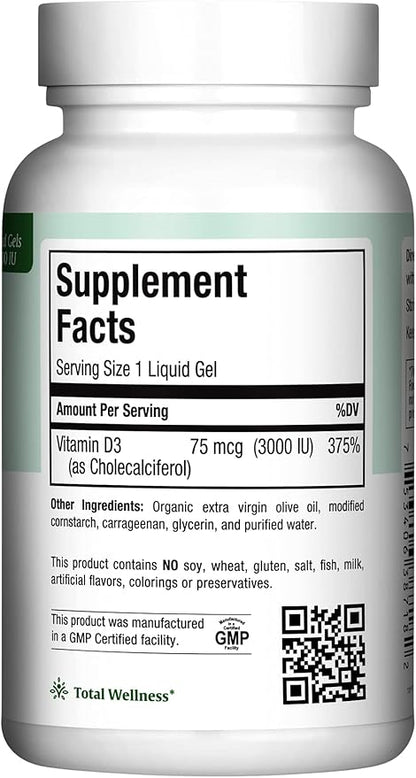 Maxi Health Kosher Vitamin D3 3000 IU - Pure Vitamin D 3000 IU for Healthy Bones, Teeth, Immune Support - High Absorption Vit D3 (180 Liquid Gels)