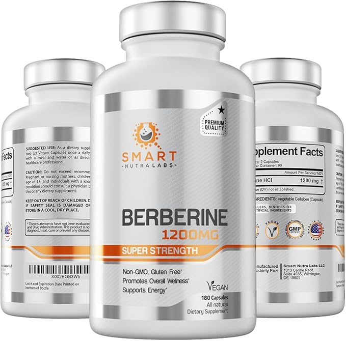 Smart Nutra Labs Premium Berberine HCL 1200mg- 180 Vegan Capsules, 100% Pure Berberine Supplement- Non-GMO, Gluten Free