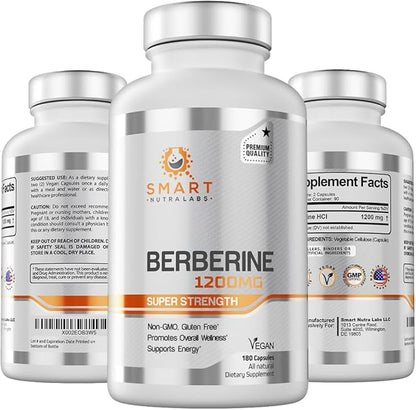 Smart Nutra Labs Premium Berberine HCL 1200mg- 180 Vegan Capsules, 100% Pure Berberine Supplement- Non-GMO, Gluten Free