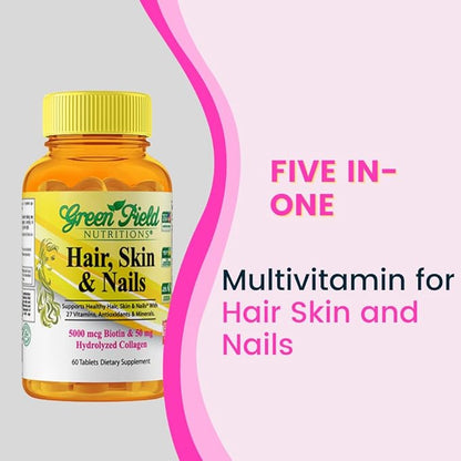 Greenfield Nutritions Halal Biotin Tablet for Adult - 60 Halal Multivitamin for Hair Skin and Nails - High potency 5000mcg Biotin with 50mg Collagen and Minerals - Gelatin Gluten Free, Non-GMO Vitamin