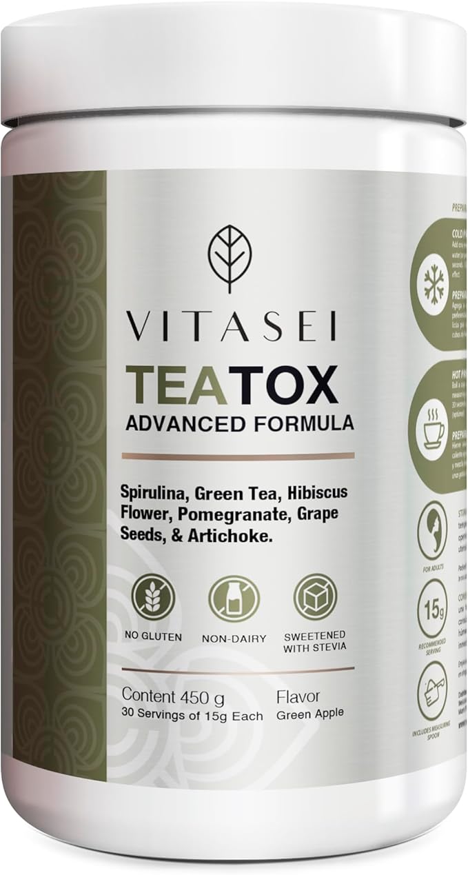 Teatox Detox & Cleanse Support Powder, Digestion Booster W/Green Tea, Spirulina, Artichoke, Jamaican Flower & Grape Seeds, Support Supplement & Meal Replacement Powder, Green Apple Flavor 16oz