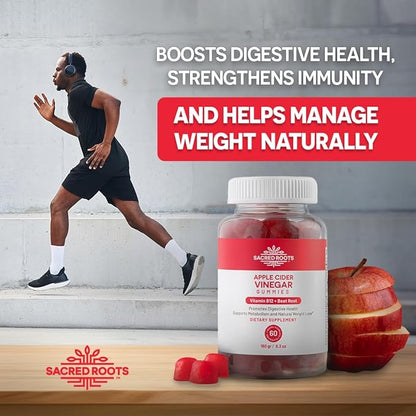 Apple Cider Vinegar Gummies - Sugar Free Apple Cider Gummies with Vitamin B12 and Beetroot Powder - Vegan, Non-GMO & Gluten-Free, Made in USA (30 Servings)