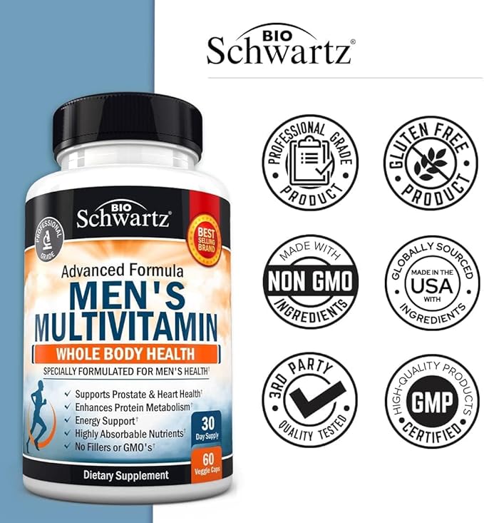 Men's Multivitamin with Vitamin C A B D3 E Zinc for Immune Support - Once Daily Supplement for Energy & Heart - Antioxidants & Digestive Enzymes for Absorption - Mental Clarity & Focus Support -60 Ct