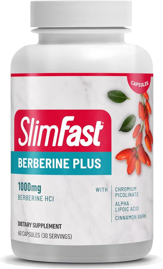 SlimFast Berberine Plus Capsules, Berberine Supplement, with Berberine hcl, Chromium Picolinate, Alpha Lipoic Acid, and Cinnamon Bark, 60 Count, 30 Servings