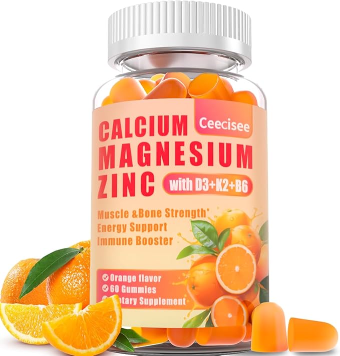 Calcium Magnesium Zinc Gummies with D3 &B6 &K2,1000mg Calcium Gummies with 300mg Magnesium Support Bone & Muscle for Adults and Teens,Sugar Free (60 Count)